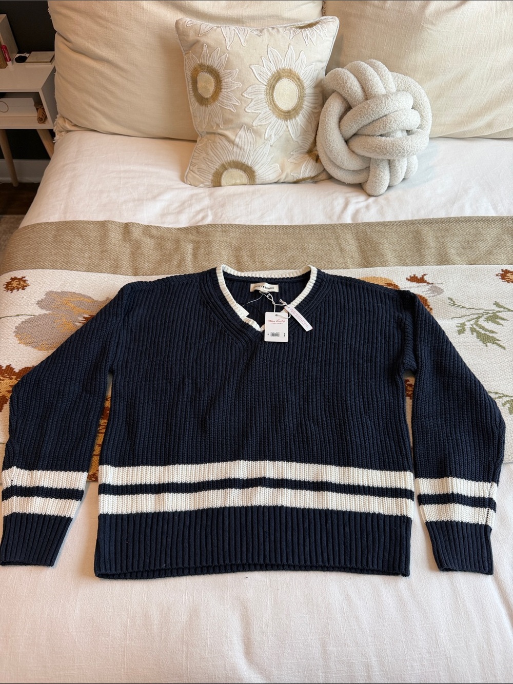 Lucky Brand Navy V-Neck Sweater with White Stripe Accents